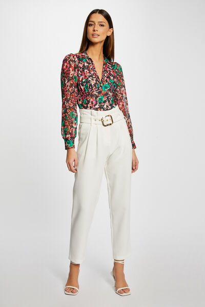 High-waisted straight belted trousers ecru ladies'