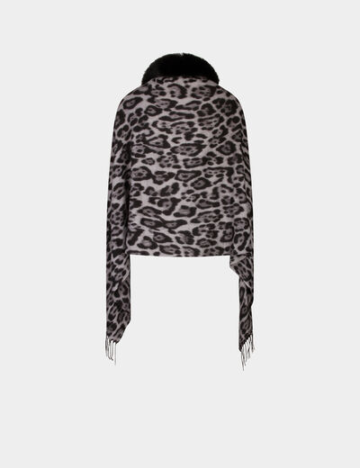 Poncho with fringes and leopard print mid-grey ladies'