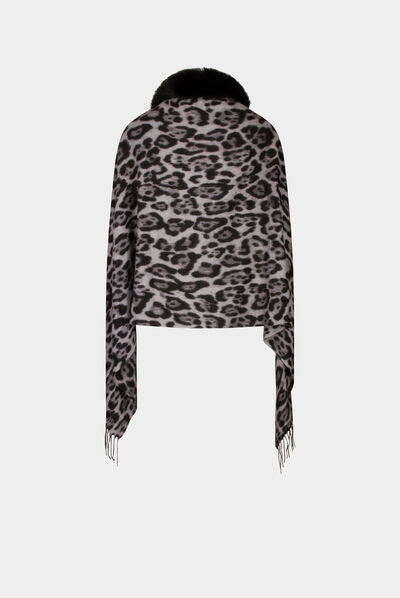 Poncho with fringes and leopard print mid-grey ladies'