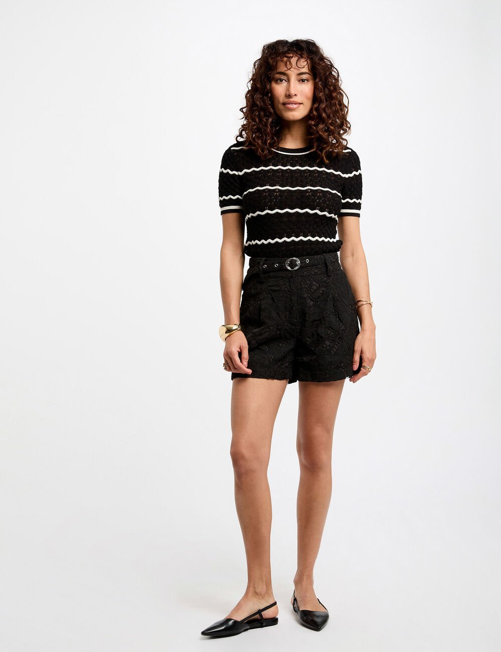 Pull manches courtes rayé noir femme