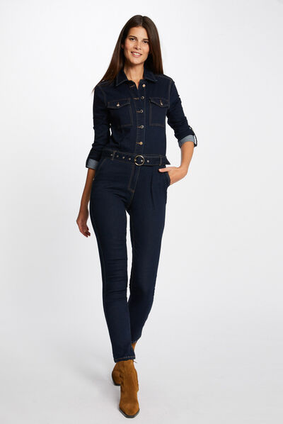 Fitted buttoned denim jumpsuit raw denim ladies'