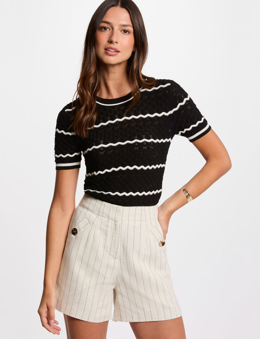 High-waisted striped shorts beige women