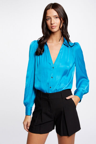 Long-sleeved satin shirt blue ladies'