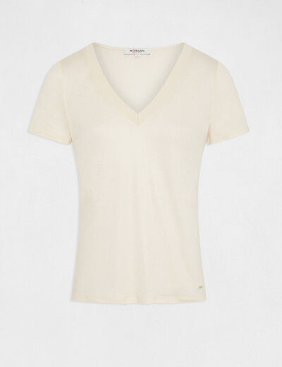 Short-sleeved t-shirt metallised threads ivory ladies'