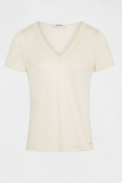 Short-sleeved t-shirt metallised threads ivory ladies'