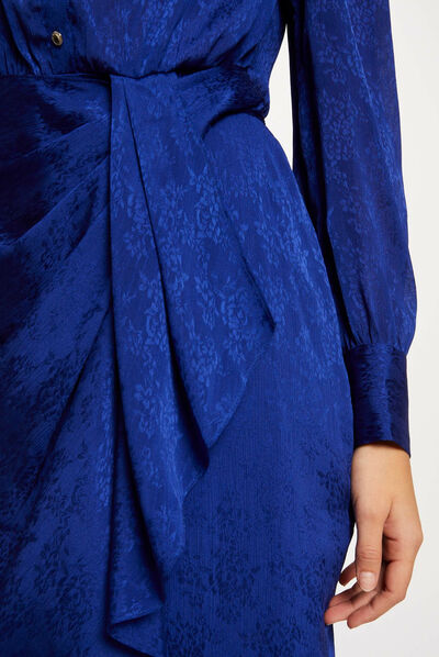 Printed satin draped straight dress electric blue ladies'