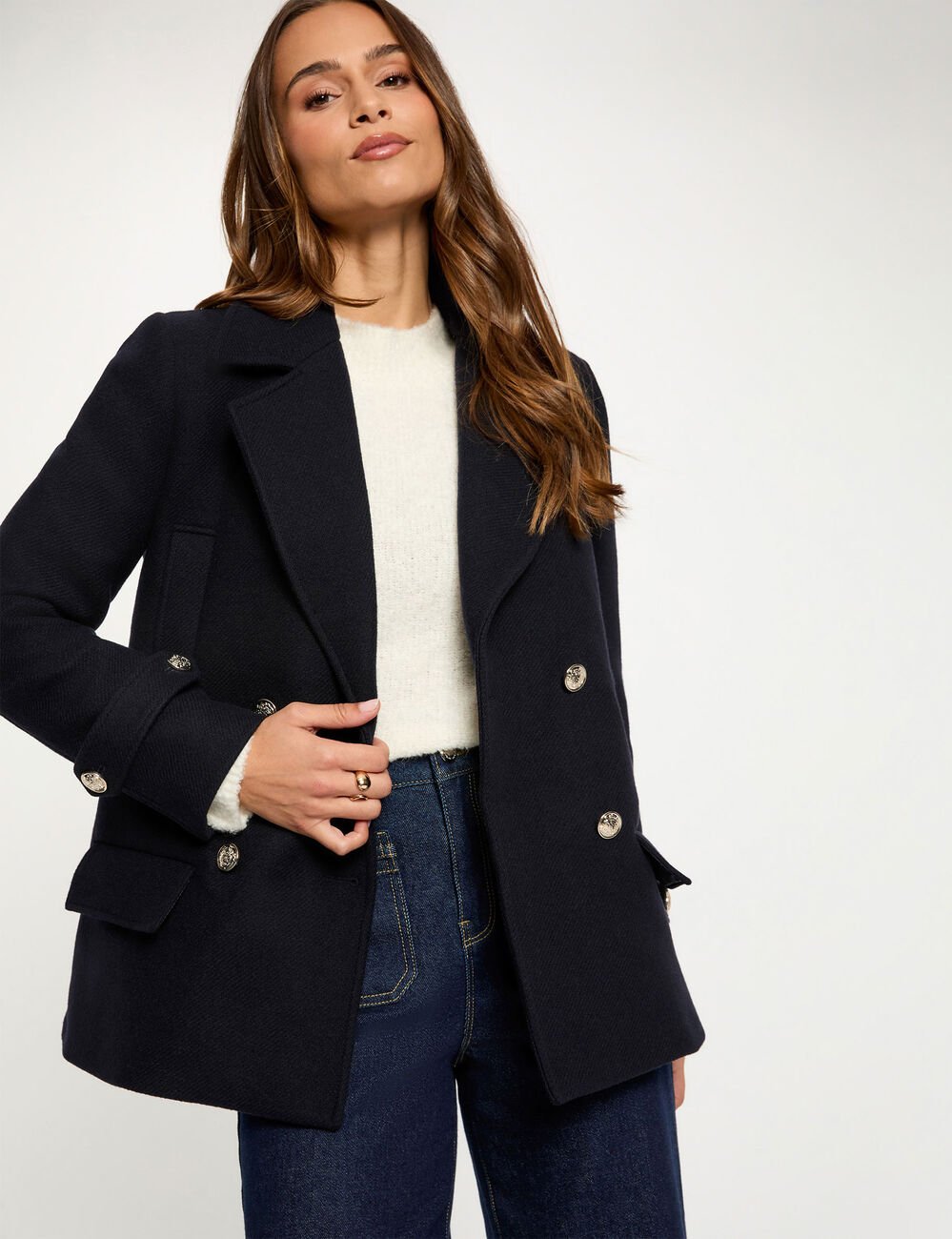 Straight coat with tailored collar navy blue women