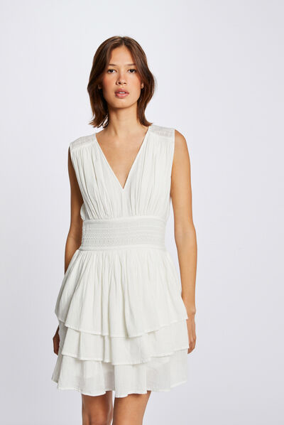 A-line dress with ruffles and embroidery ecru ladies'