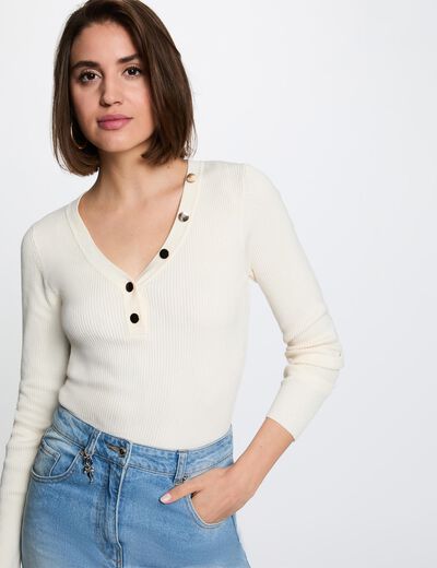 Fitted V-neck sweater ivory women
