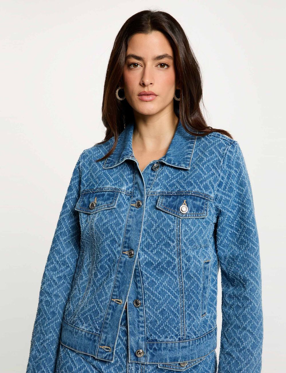 Chevron jacquard jacket denim stone women