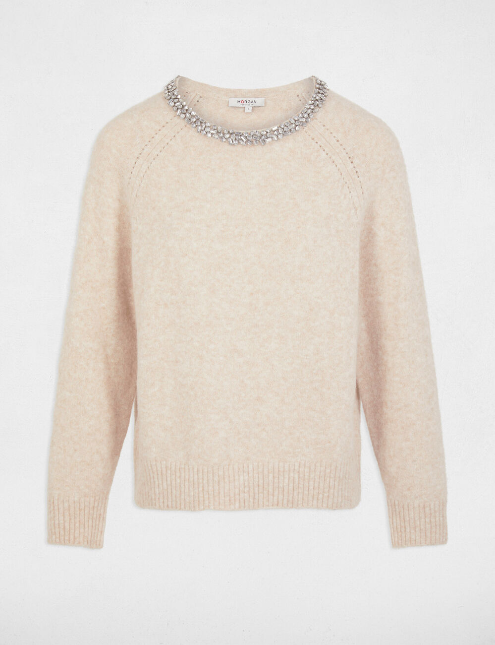 Jumper neck jewelled details beige women
