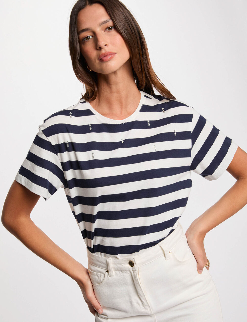 T-shirt manches courtes rayé blanc femme