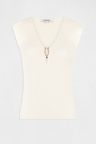 Short-sleeved jumper jewel detail neck medium ecru ladies'