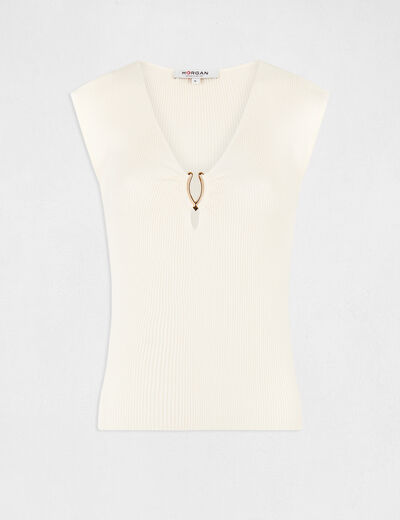 Short-sleeved jumper jewel detail neck medium ecru ladies'