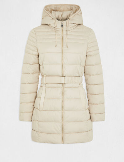 Belted waisted padded jacket with hood light beige ladies'
