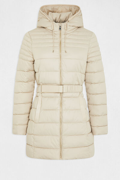 Belted waisted padded jacket with hood light beige ladies'