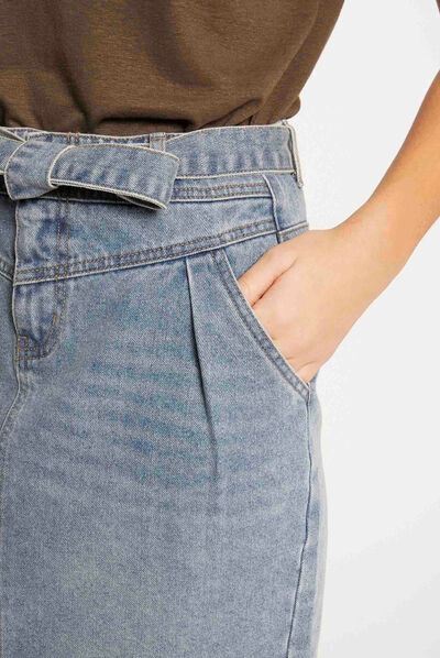 Belted straight denim skirt stone denim ladies'