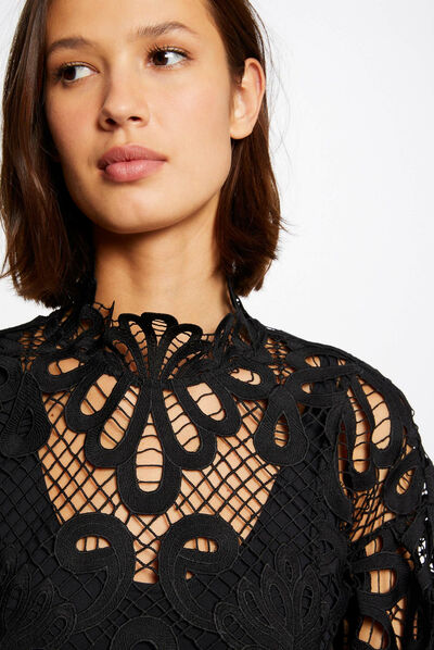 Long-sleeved blouse with lace black ladies'
