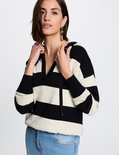 Striped sweater with hood navy blue women