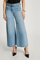 Jeans large 7/8ème ceinturé denim bleach femme