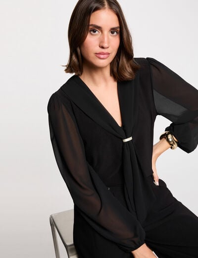 T-shirt with voile and tie neck black women