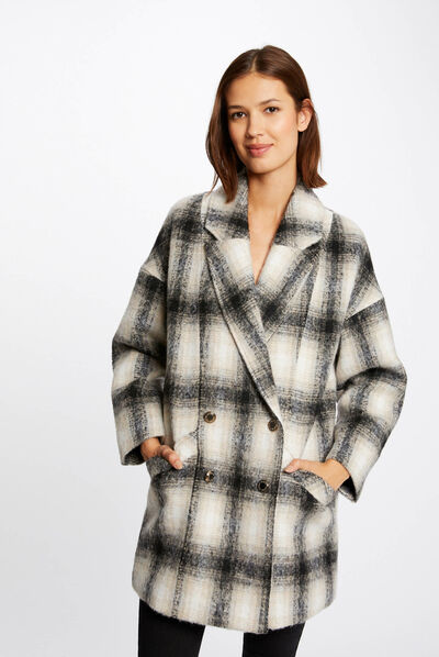 Loose buttoned coat with check print beige ladies'