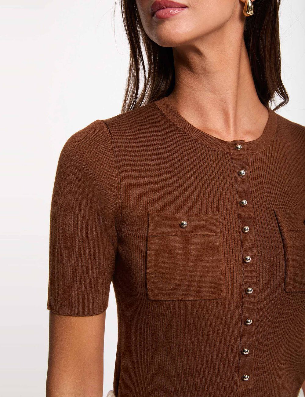 Short-sleeve round-neck sweater chocolate brown women
