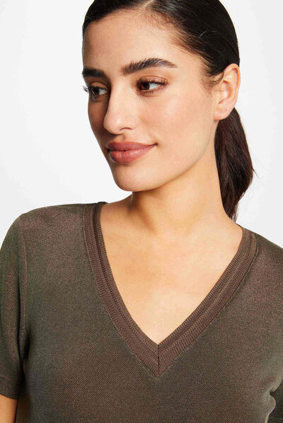 Short-sleeved t-shirt with V-neck taupe ladies'