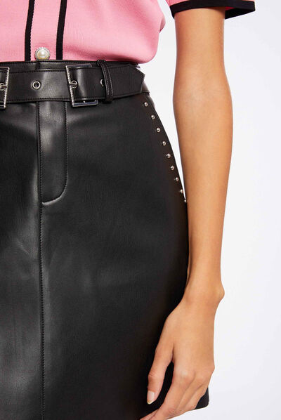 Straight faux leather skirt with studs black ladies'