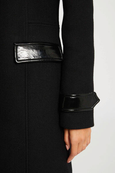 Straight coat faux leather details black ladies'