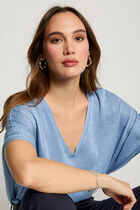 Pull col en V et manches 3/4 bleu gris femme