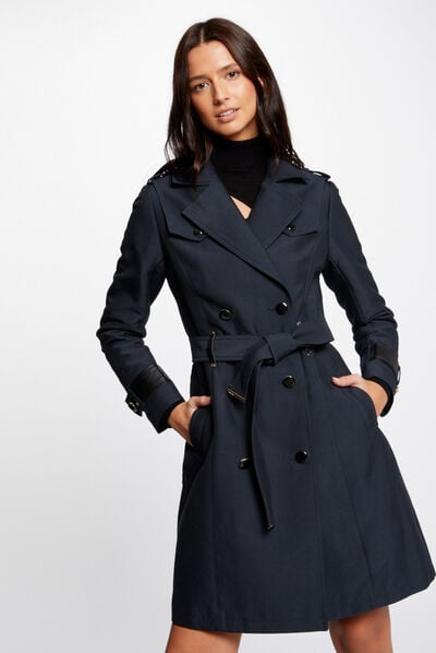 Belted trenchcoat faux leather details navy ladies'
