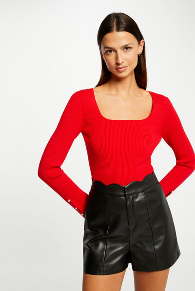 Long-sleeved ribbed jumper red ladies'