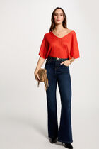 Pull col en V manches courtes orange foncé femme