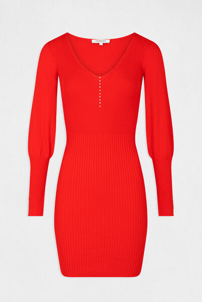 Fitted jumper dress with V-neck red ladies'