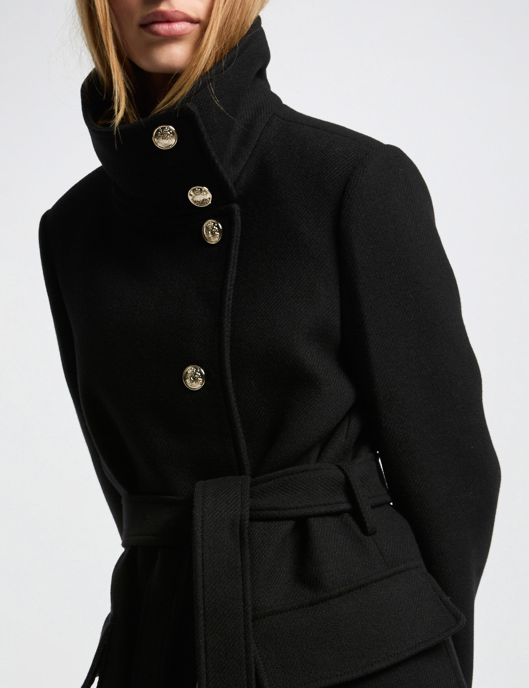 Belted long coat black women | Morgan