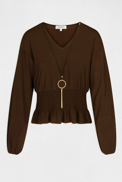 Long-sleeved t-shirt jewelled detail chestnut brown ladies'