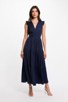 Long dress with V-neck navy blue women