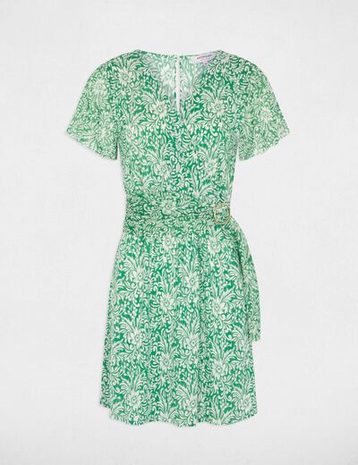 Printed waisted short dress green ladies'