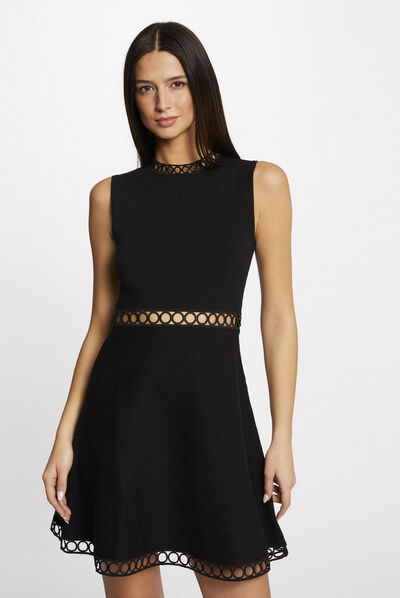 Skater jumper dress openwork strips black ladies'