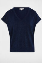 Pull col en V manches courtes bleu pétrole femme