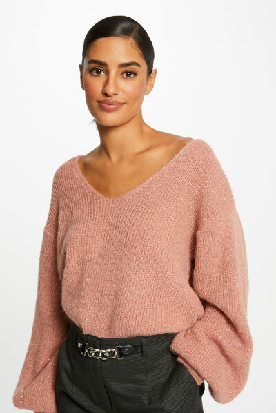 Long-sleeved jumper with V-neck pale pink ladies'