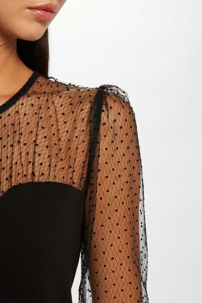 Long-sleeved t-shirt with dobby spot black ladies'