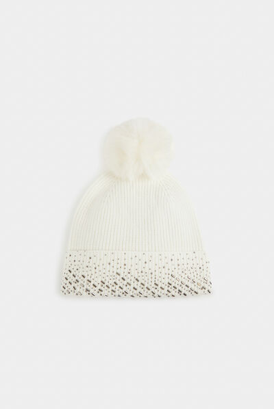 Beanie with rhinestones and pom-pom beige ladies'