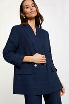Checked straight blazer navy blue women