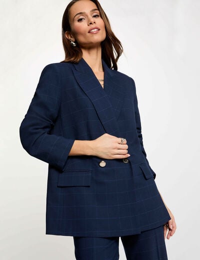 Checked straight blazer navy blue women
