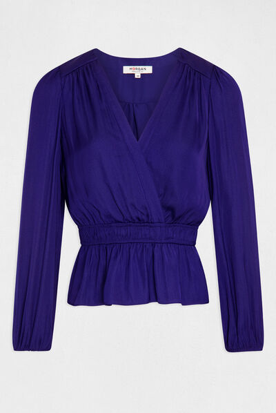 Satin long-sleeved t-shirt mid blue ladies'