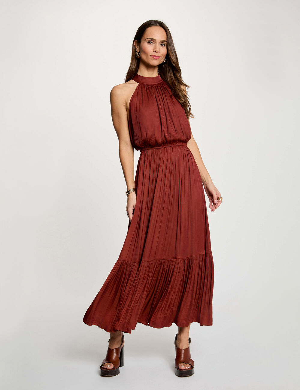 Maxi loose A-line dress cognac brown women
