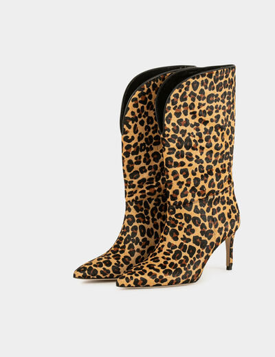 Leather boots with leopard print chestnut brown ladies'