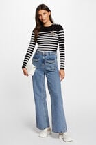 Pull manches longues à rayures noir femme